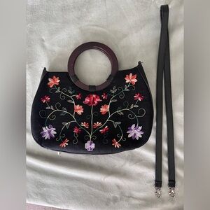 Embroidered Floral Black Handbag